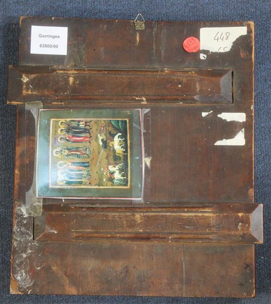19th century Russian School Icon depicting seven saints and three kings, 12 x 10.75in.